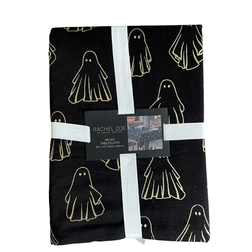 Rachel Zoe HALLOWEEN GHOST Tablecloth 60x120 Oblong Cotton Black & Gold NEW